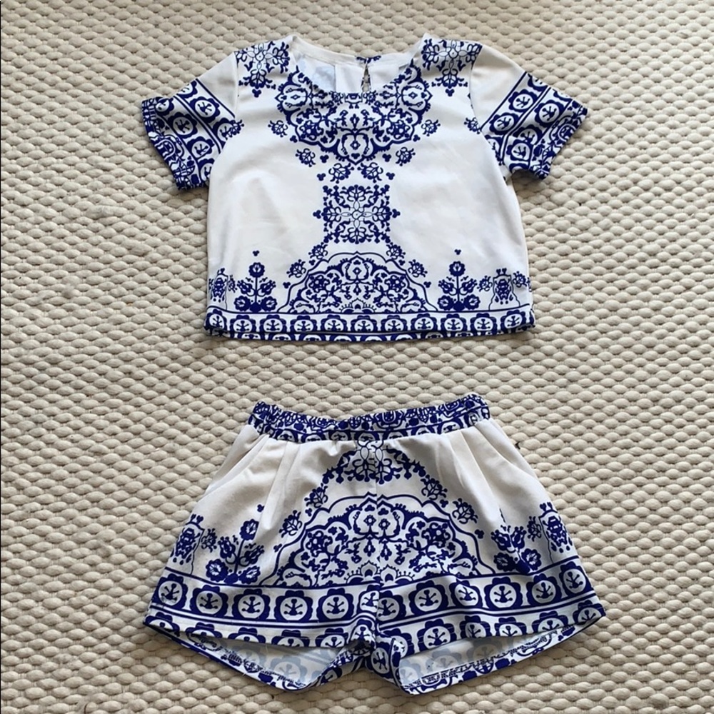 Blue and white shorts and high waisted shorts set